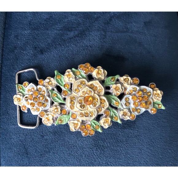 Vintage Floral Belt Buckle Enamel and Golden Rhinestones Silver Back Ornate - Picture 1 of 11